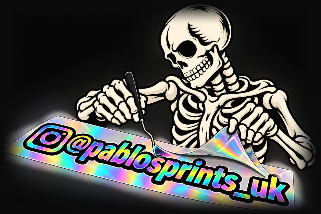 Pablo the skeleton weeding a holographic sticker