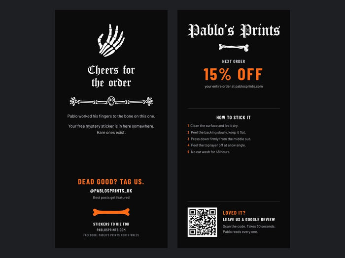 Front and back of a printed Pablo's Prints insert card